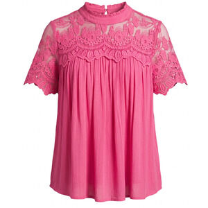 Entro Women’s Pink Blouse Small Crochet Lace Short Sleeve Boho Peasant